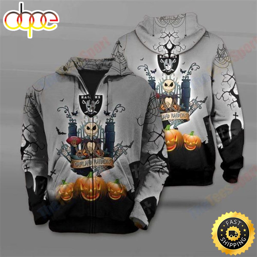 Nfl Oakland Raiders The Nightmare Before Christmas Jack Skellington 3D All Over Print Zip Up Hoodie Option - Dingeas