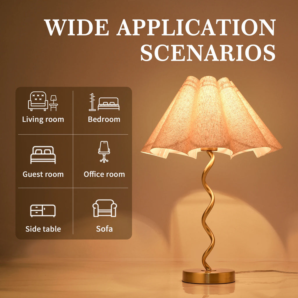 Gold Modern Table Lamp, Scalloped Pleated Desk Lamps Wavy Lamp for Bedside, Bow Table Lamps for Kitchen Counter, Nightstand Deco