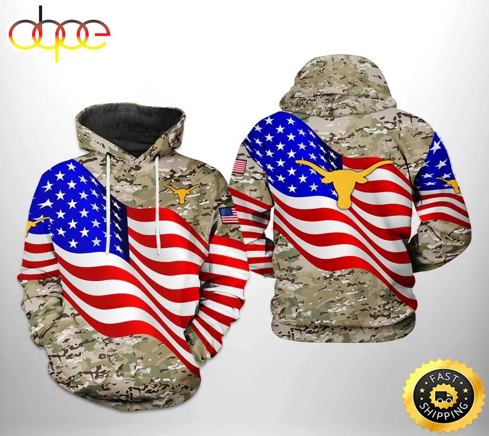 Texas Longhorns Flag American Camo Veteran 3D Hoodie Texas Longhorns Fan Gift Ideas